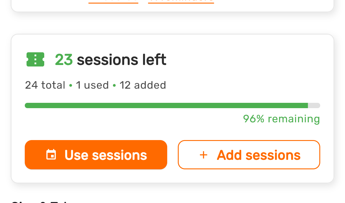 Gym membership quota panel — sessions remaining