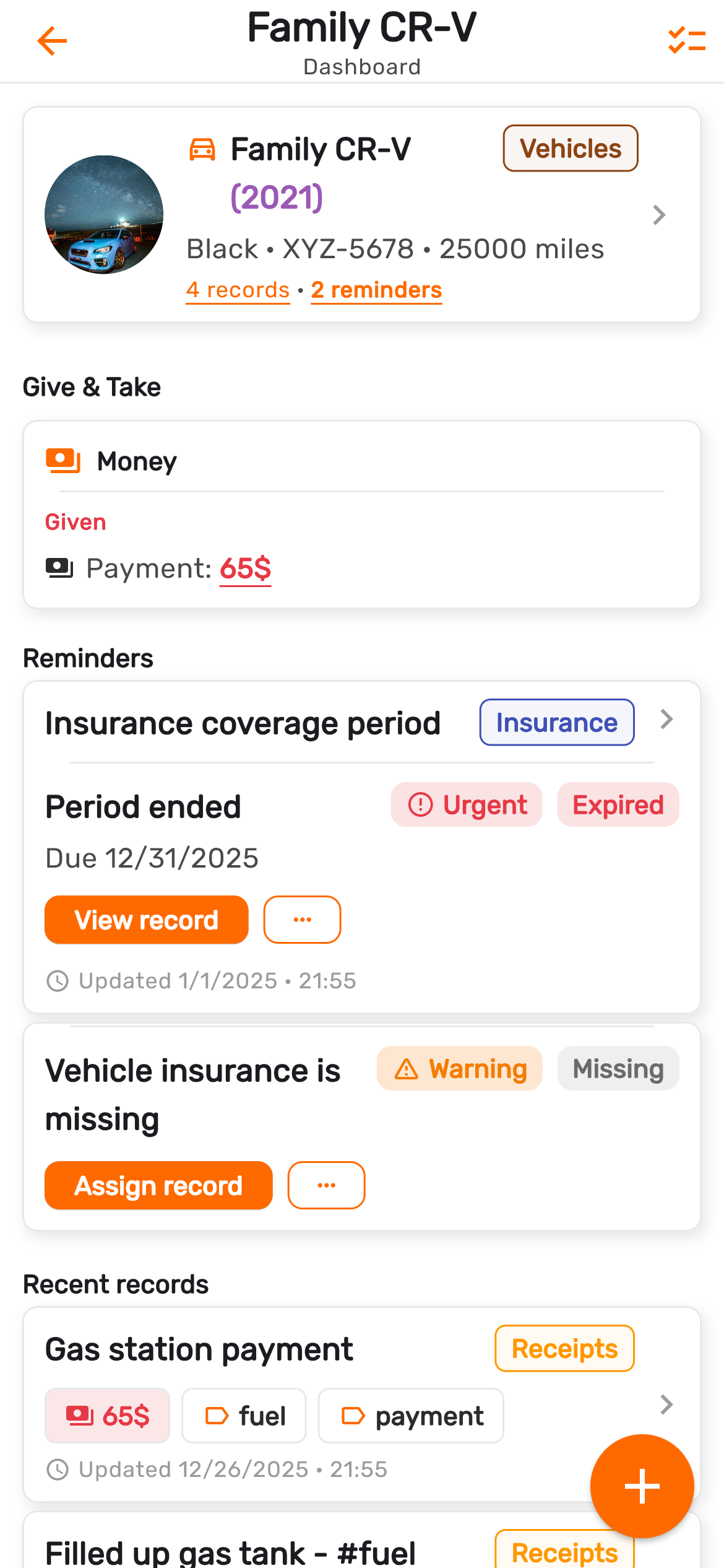 Vehicle dashboard with insurance and service